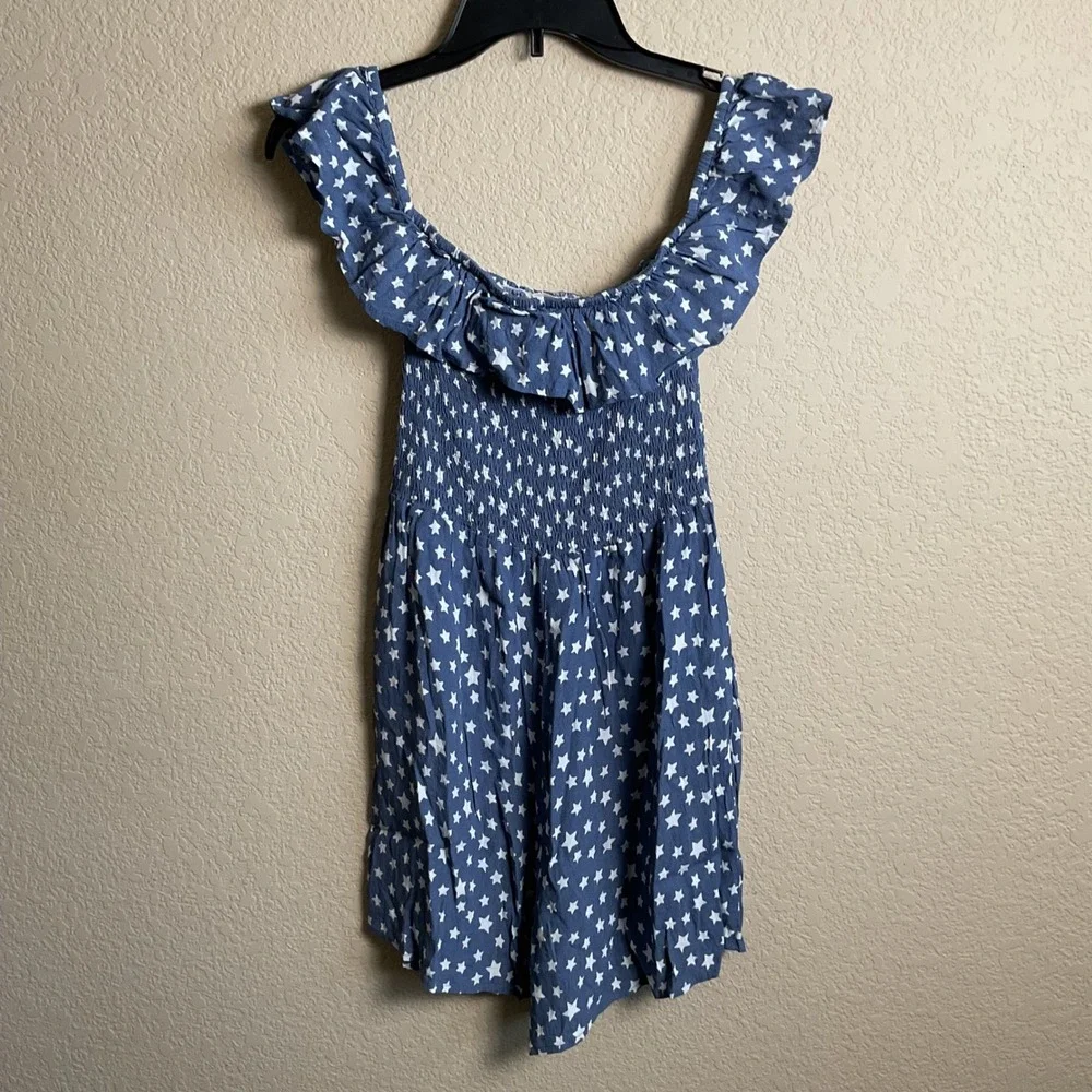 Promesa Womens‎ Small Blue Star Smocked Off Shoulder Romper 4th Of July Pockets